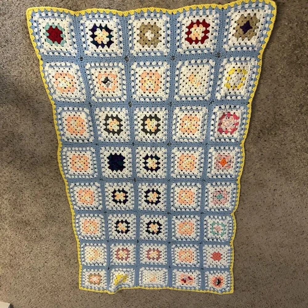Vintage Crochet Afghan Granny Square Pastel Handmade Baby Blanket 65”x39”